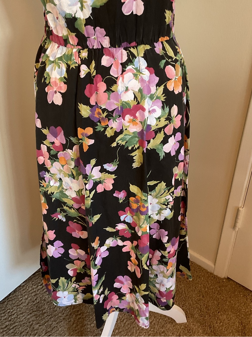 Vintage Avon Fashion Floral Midi Dress 7/8 Black Cotton Fit and Flare 90s - Picture 9 of 11
